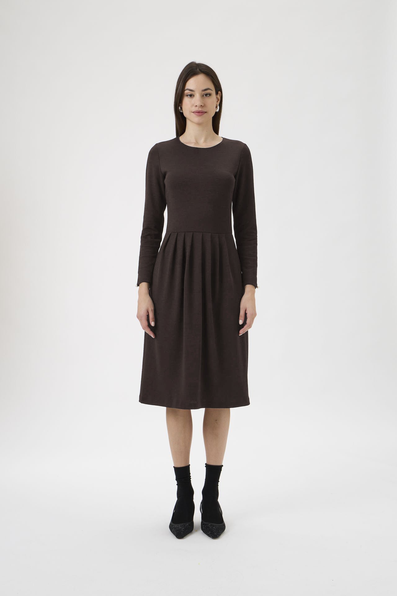 Classic Gug Dress With Pleated Skirt - 9486-A Cioccolato