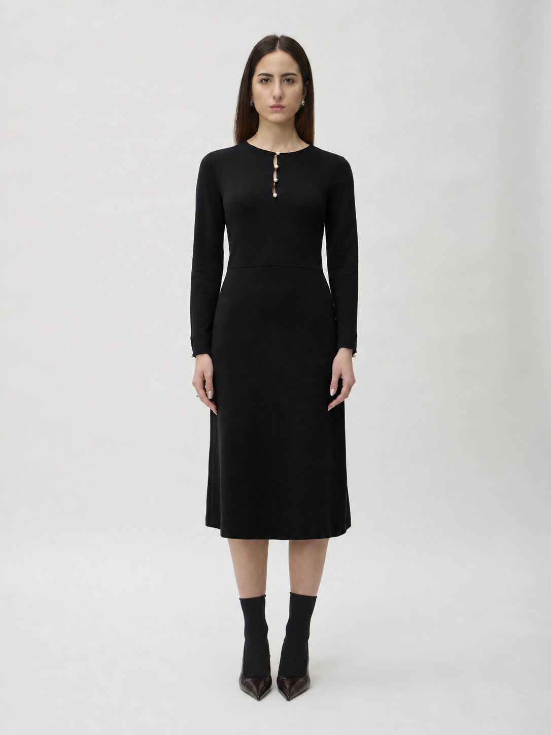 Dress with Pearl Buttons Front in Darfo – 9525 Black