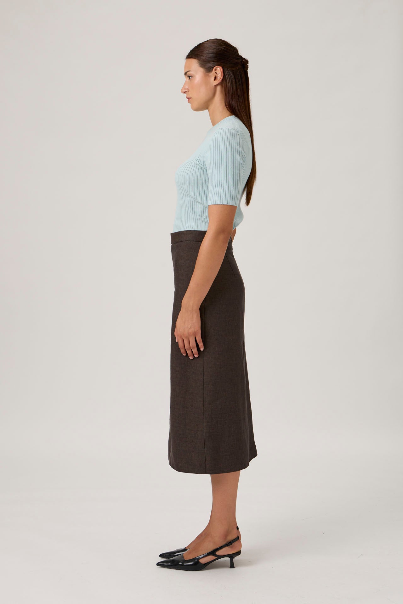 Classic A-Line Midi Skirt with Pockets - Brown