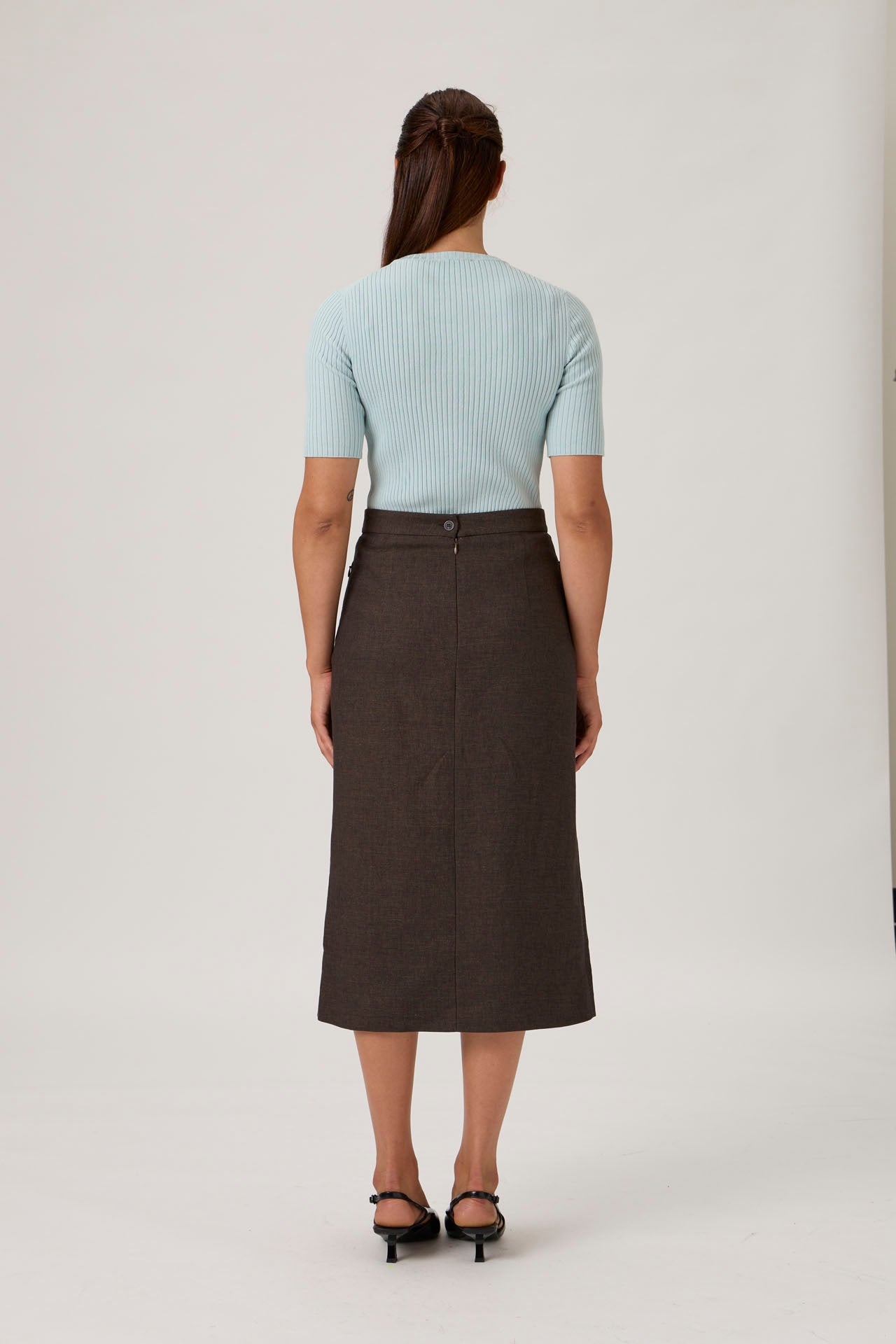 Classic A-Line Midi Skirt with Pockets - Brown