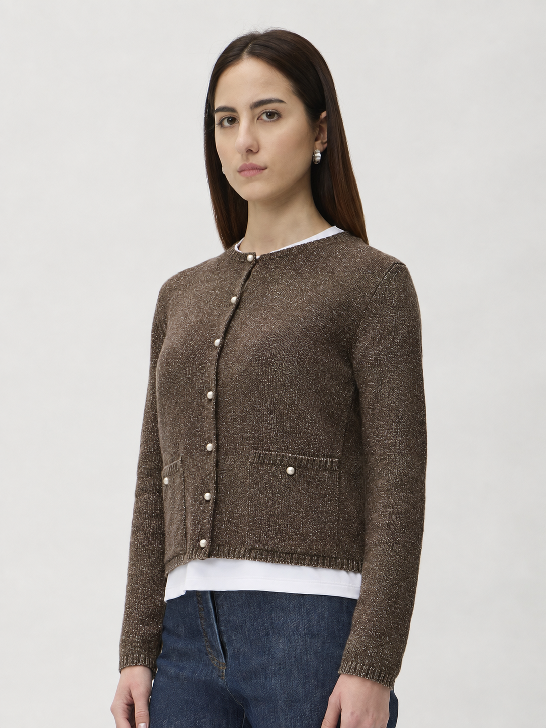 Cardigan with Pockets in Matis – 7069TP Brown Melange