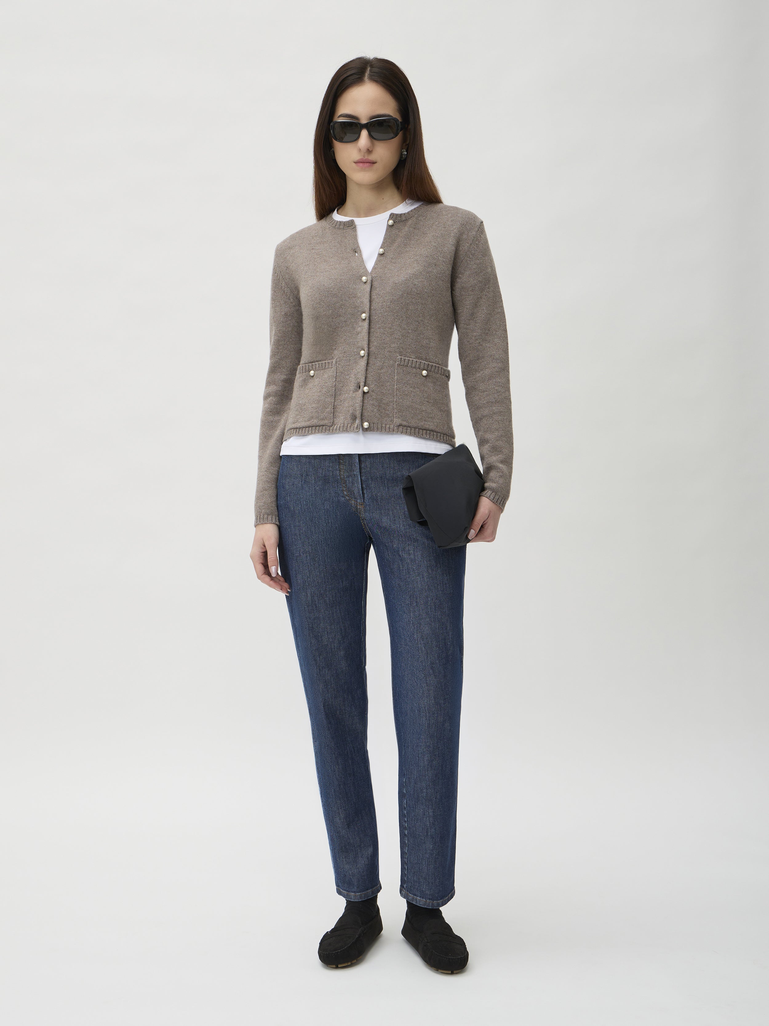 ELISE GUG Cardigan with Pockets in Matis 7069TP Brown Melange – full length view styled with dark jeans and black shoe