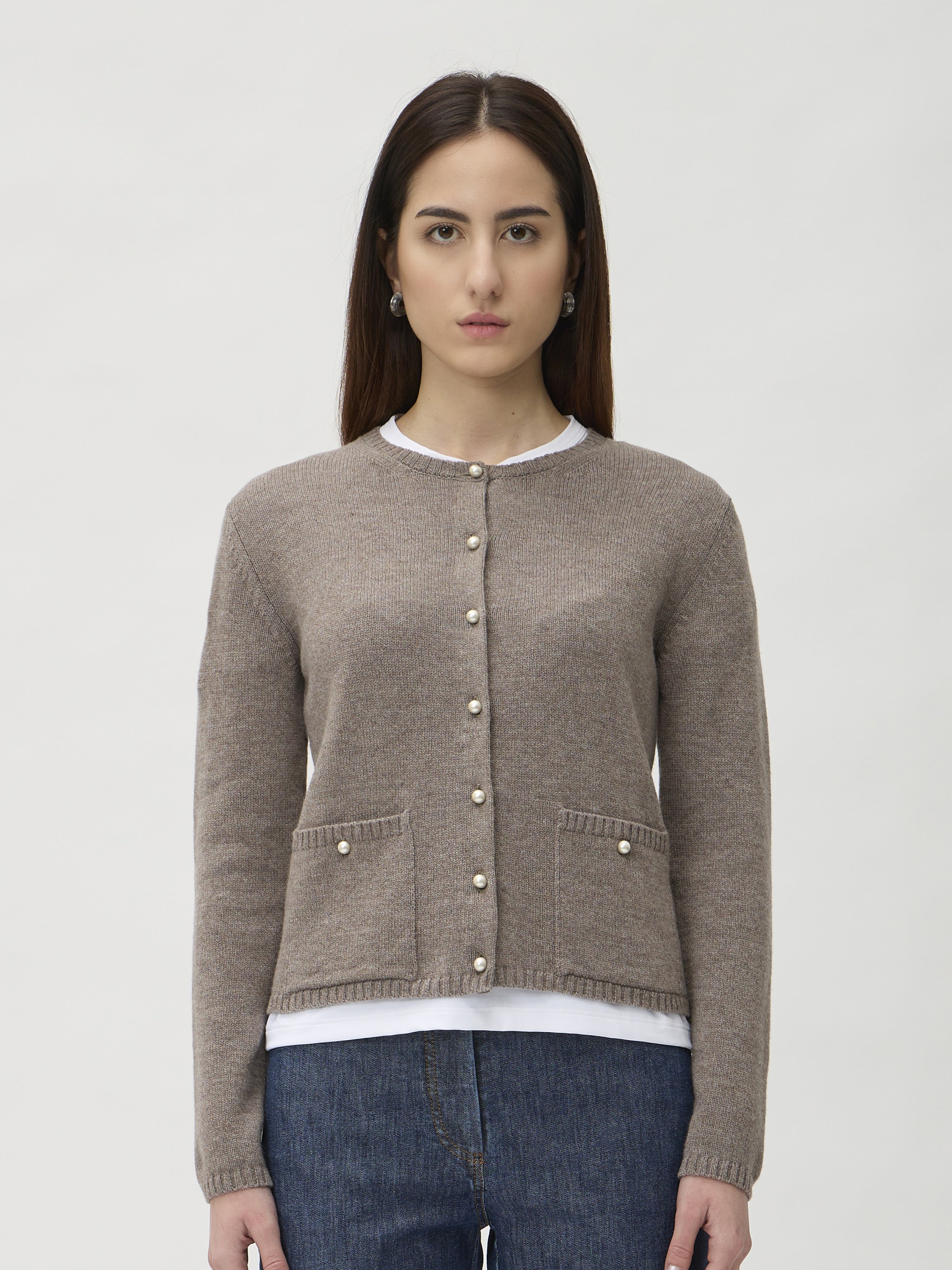 ELISE GUG Cardigan with Pockets in Matis 7069TP Brown Melange – front view showing pearl buttons and patch pockets