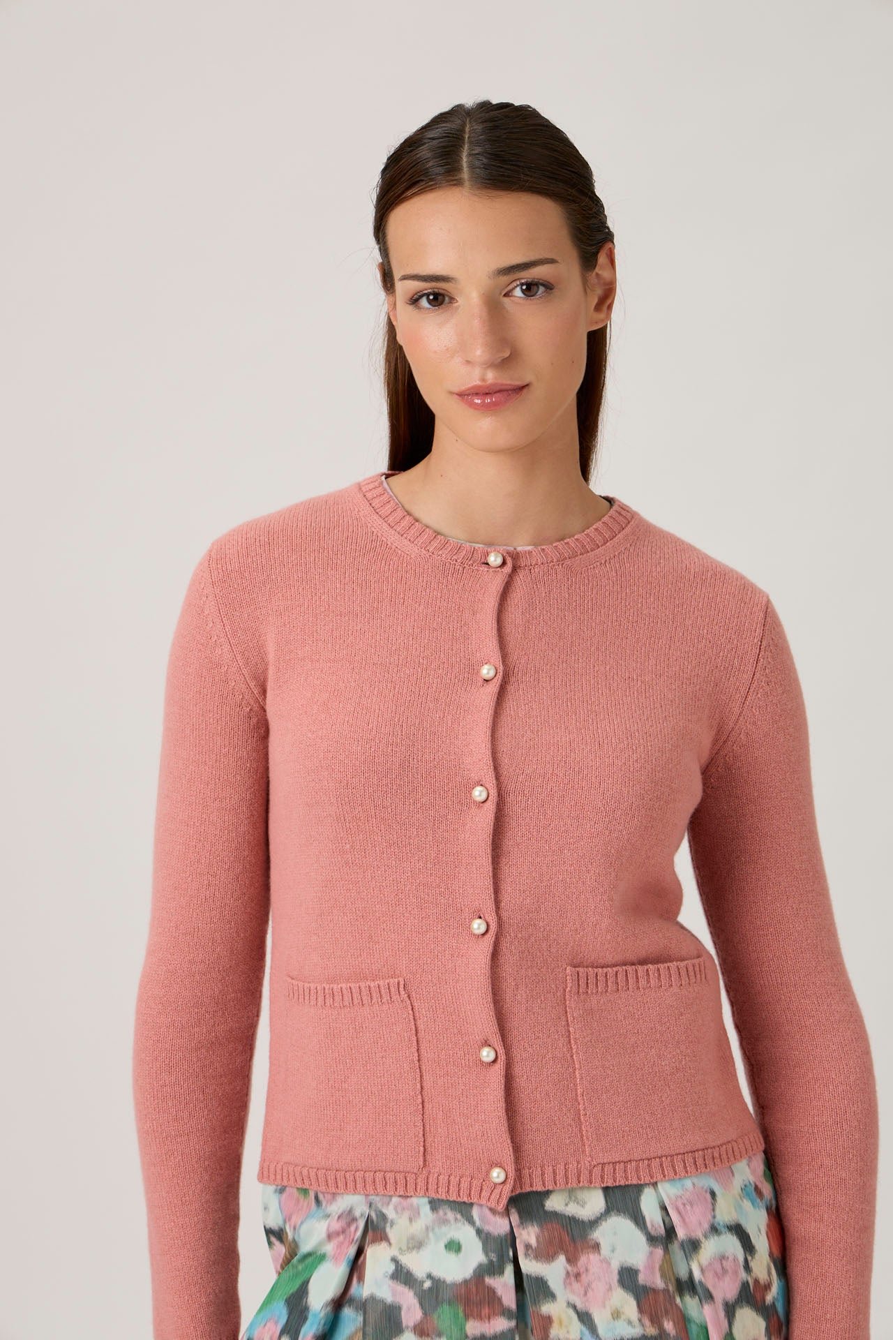 Soft Wool-Cashmere Cardigan with Pearl Buttons - Rosa Antica