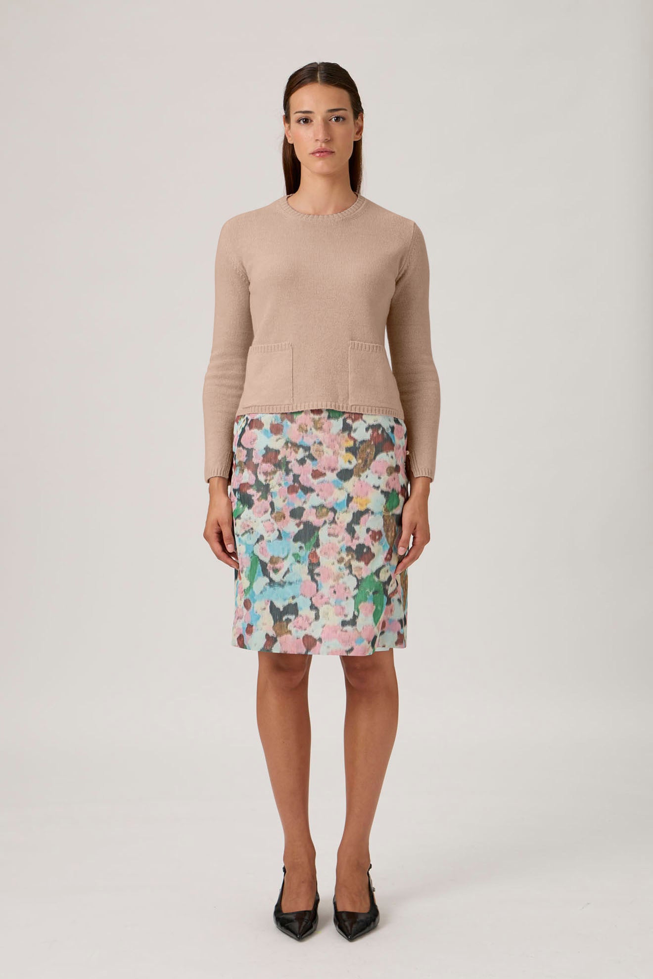 Soft Wool-Cashmere Sweater with Patch Pockets - Beige