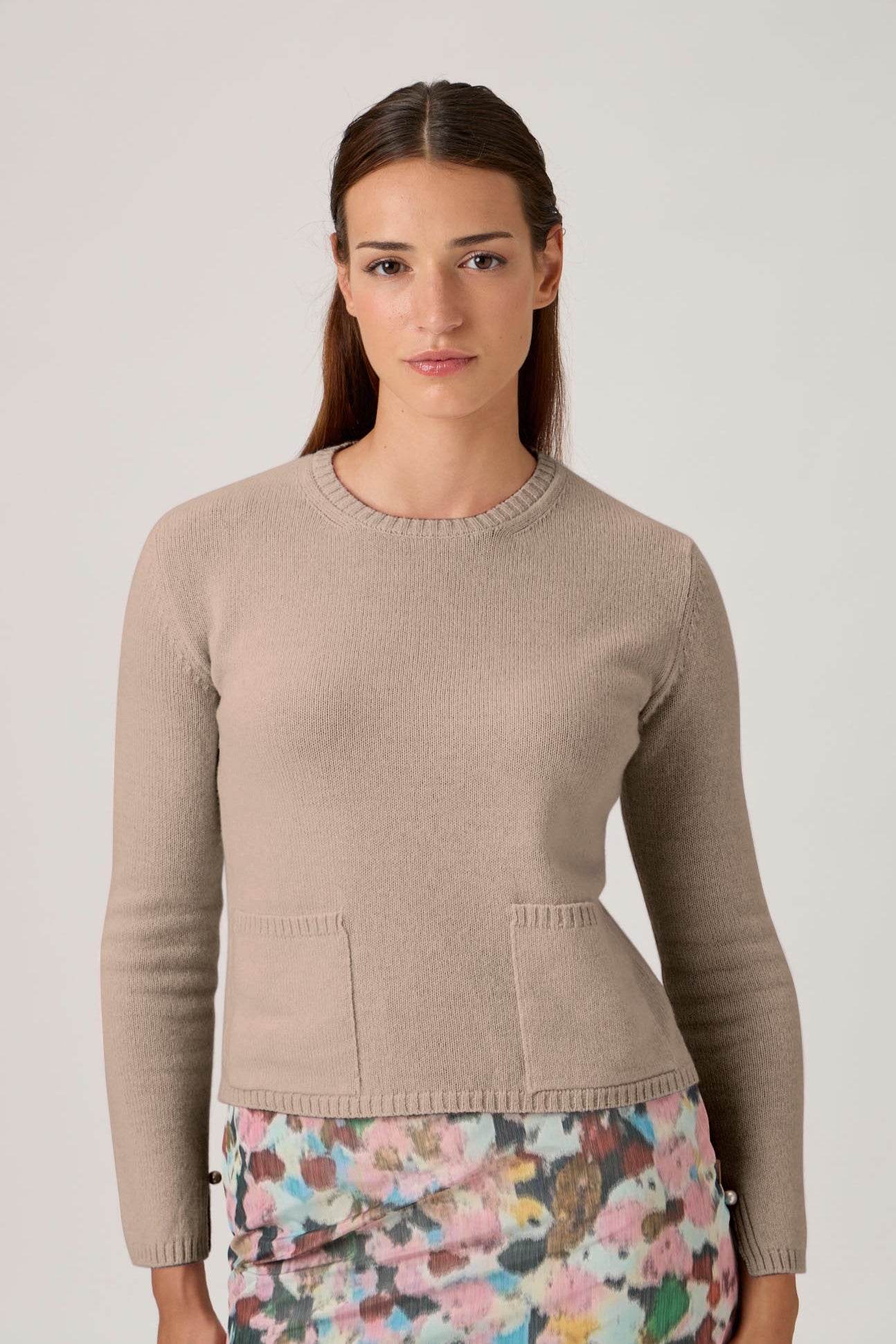 Soft Wool-Cashmere Sweater with Patch Pockets - 7067PT - Beige