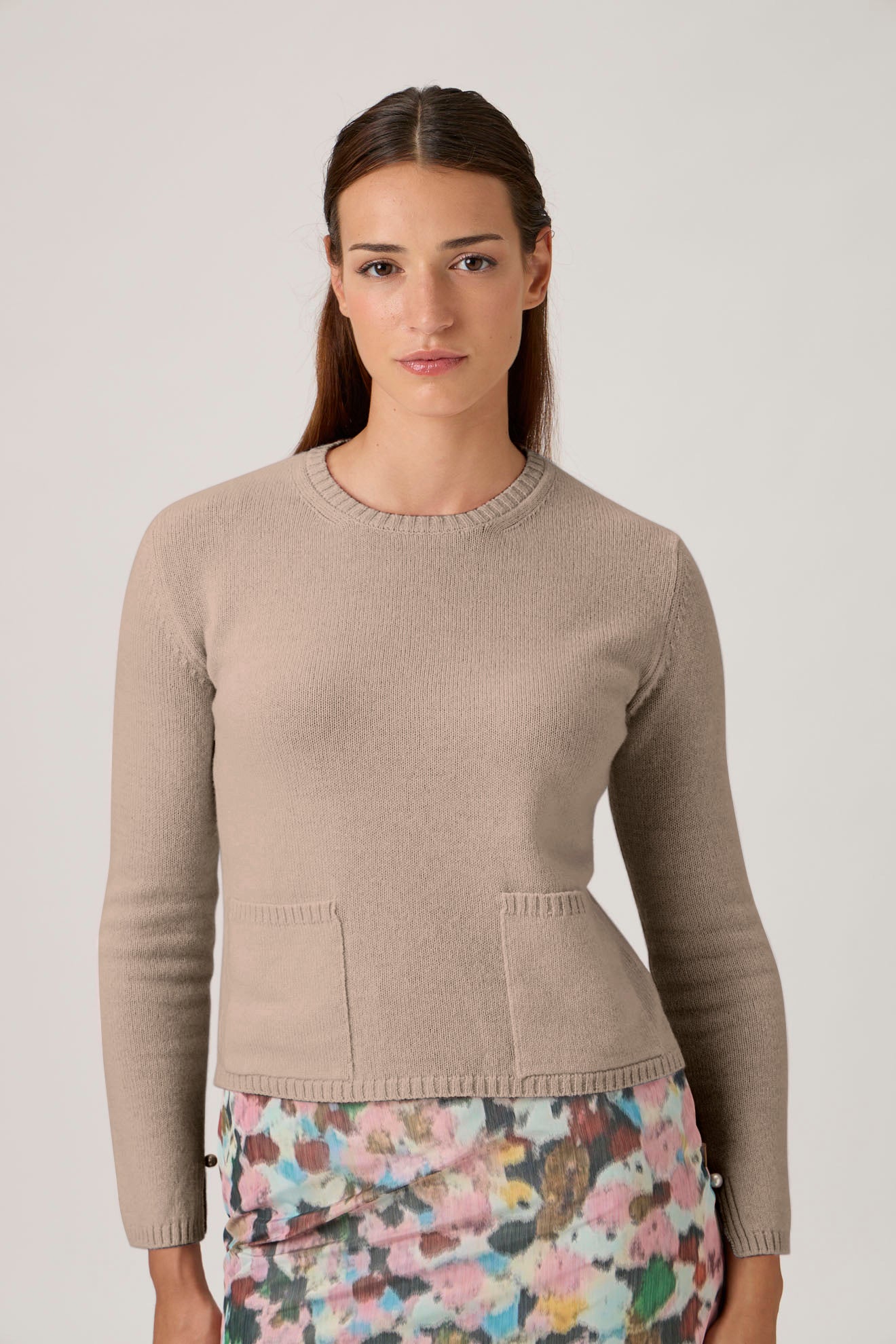 Soft Wool-Cashmere Sweater with Patch Pockets - Beige