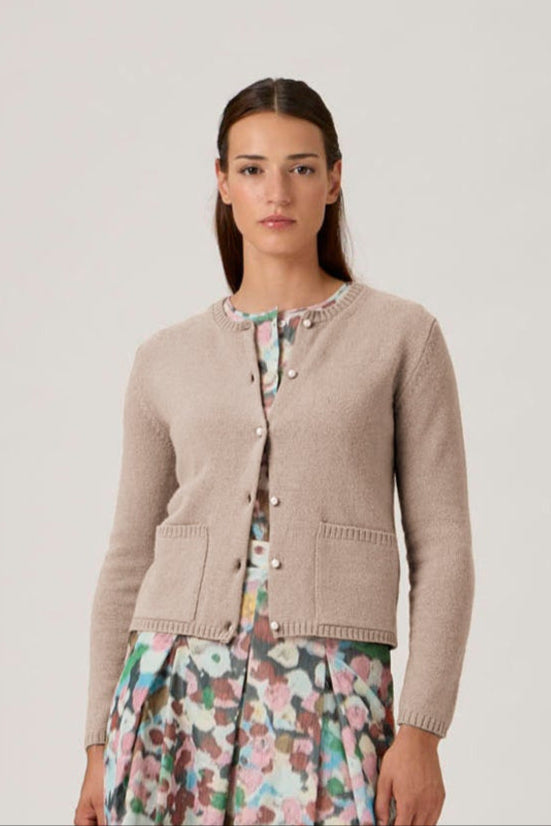 Soft Wool-Cashmere Cardigan with Pearl Buttons - 7069PT Beige