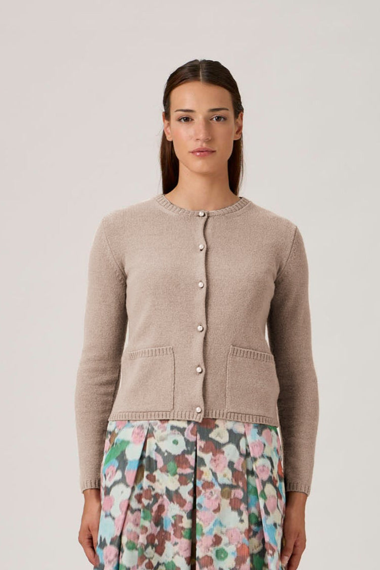 Soft Wool-Cashmere Cardigan with Pearl Buttons - 7069PT Beige