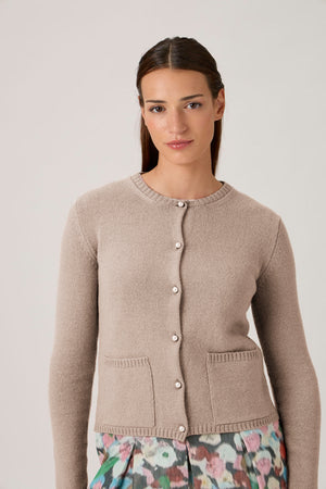 Soft Wool-Cashmere Cardigan with Pearl Buttons - Beige