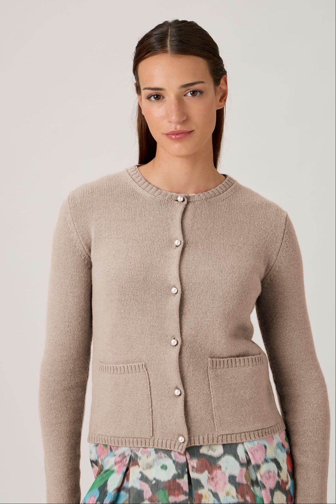 Soft Wool-Cashmere Cardigan with Pearl Buttons - 7069PT Beige