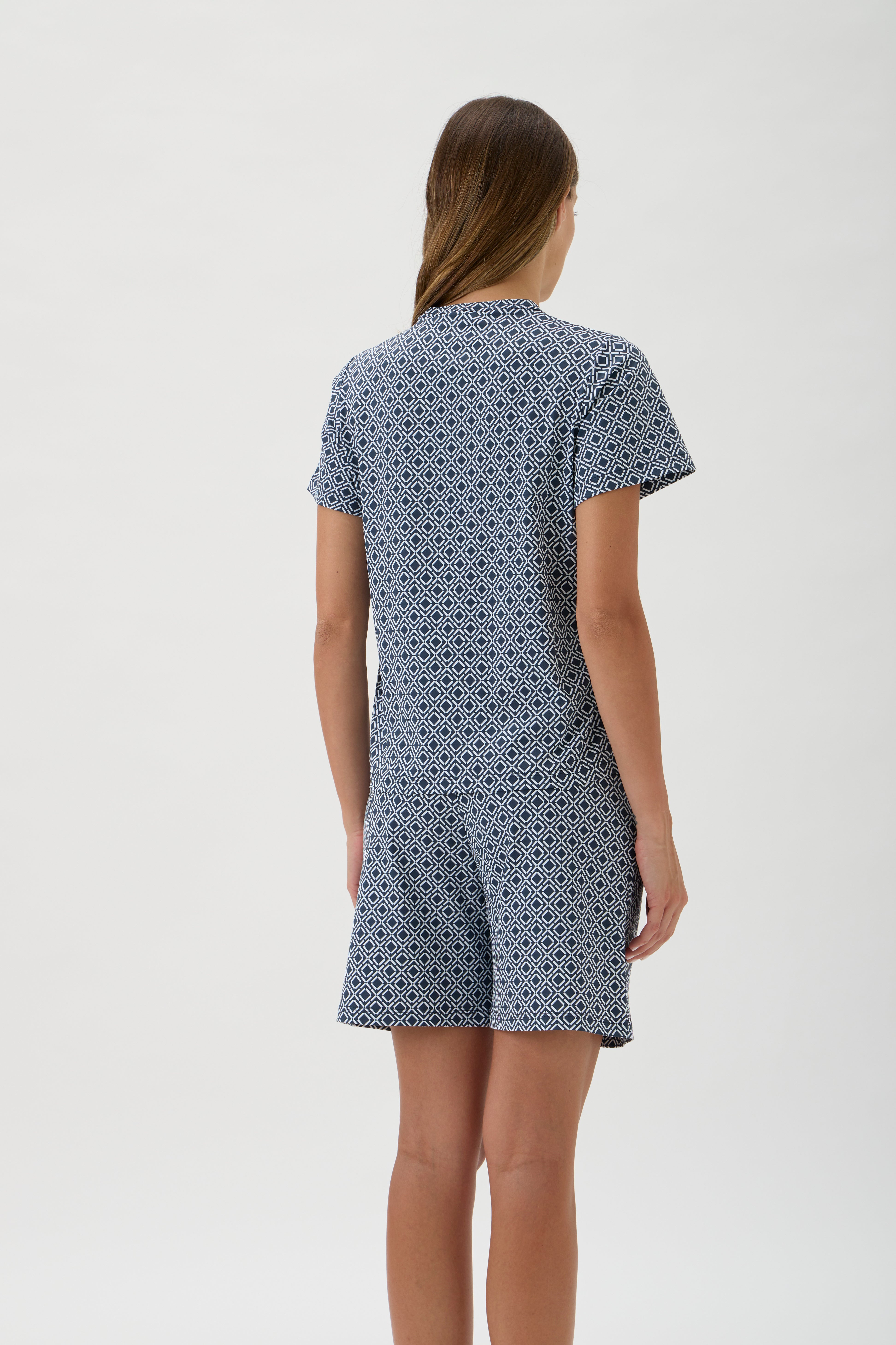 Back view of blue patterned Scandinavian designer T-shirt by ELISE GUG