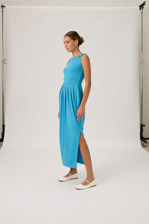 Sleeveless Maxi Dress with Shoulder Bows - Dark Turquoise