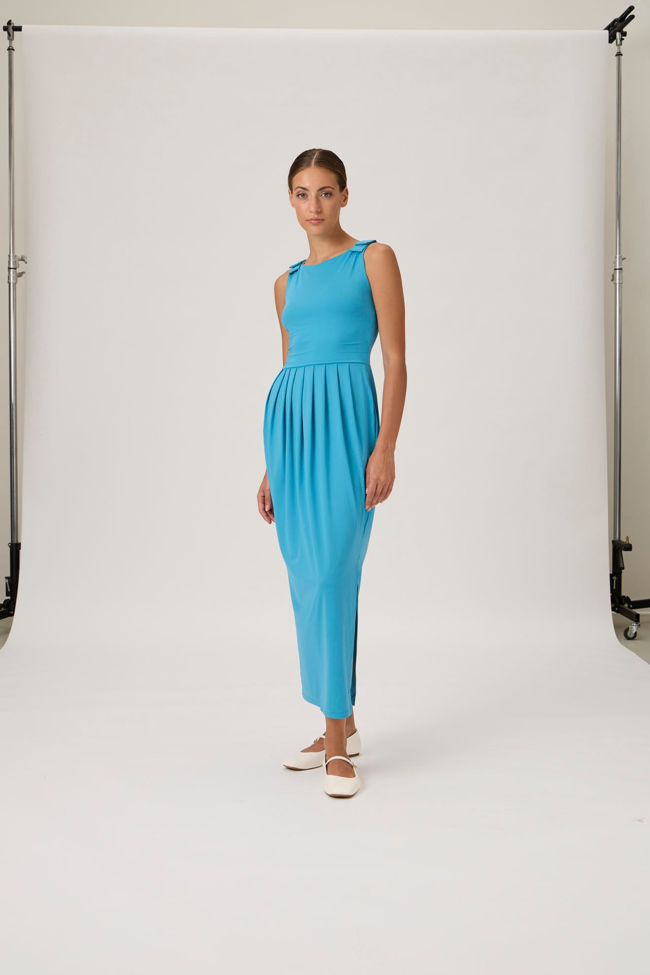 Sleeveless Maxi Dress with Shoulder Bows - Dark Turquoise