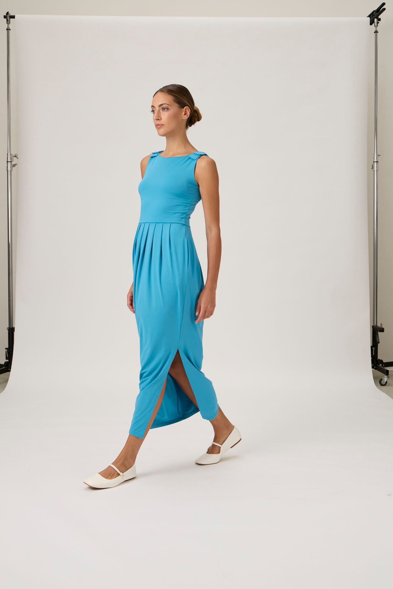 Sleeveless Maxi Dress with Shoulder Bows - Dark Turquoise