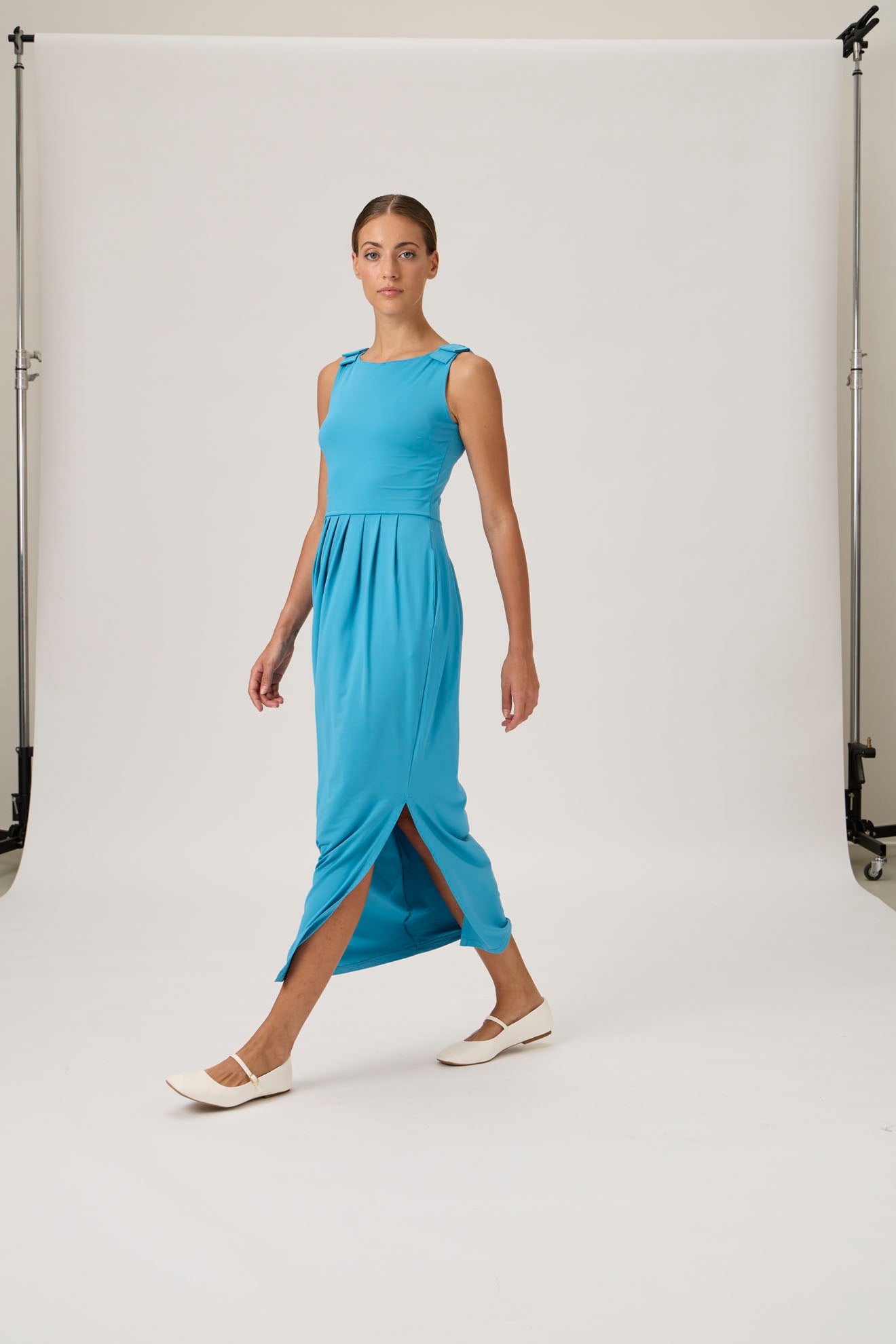 Sleeveless Maxi Dress with Shoulder Bows - Dark Turquoise