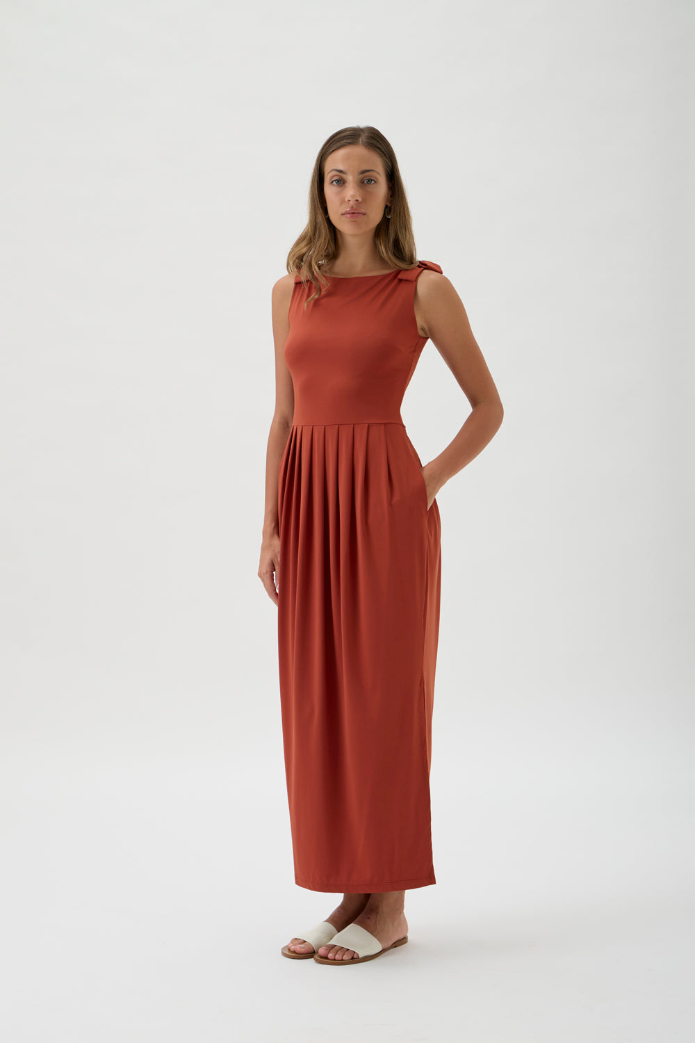Sleeveless Maxi Dress with Shoulder Bows - 9460 Terra Rosa