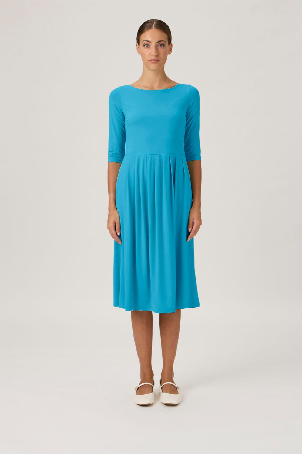 Pleated Boatneck Dress - Dark Turquoise