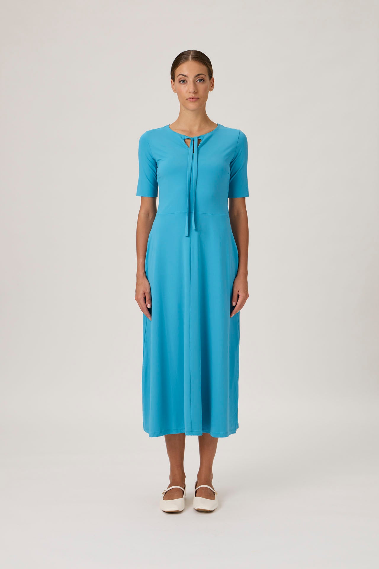 Tie-Neck Flared Midi Dress - Dark Turquoise