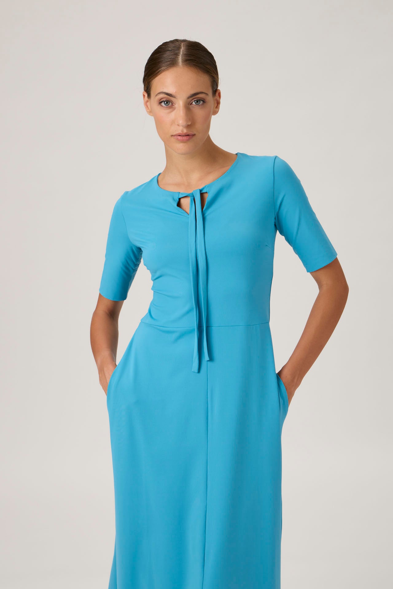 Tie-Neck Flared Midi Dress - Dark Turquoise