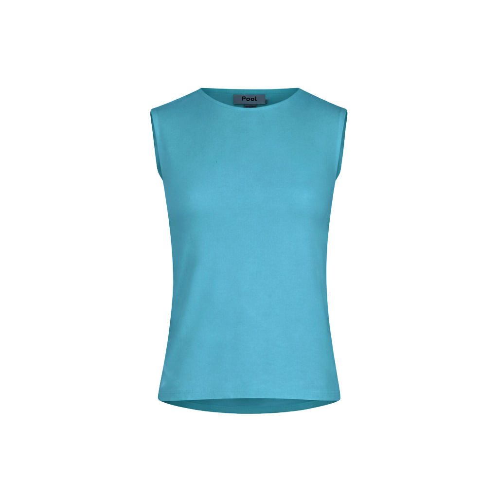 Minimalist sleeveless microfiber top with crew neck in Pool colour