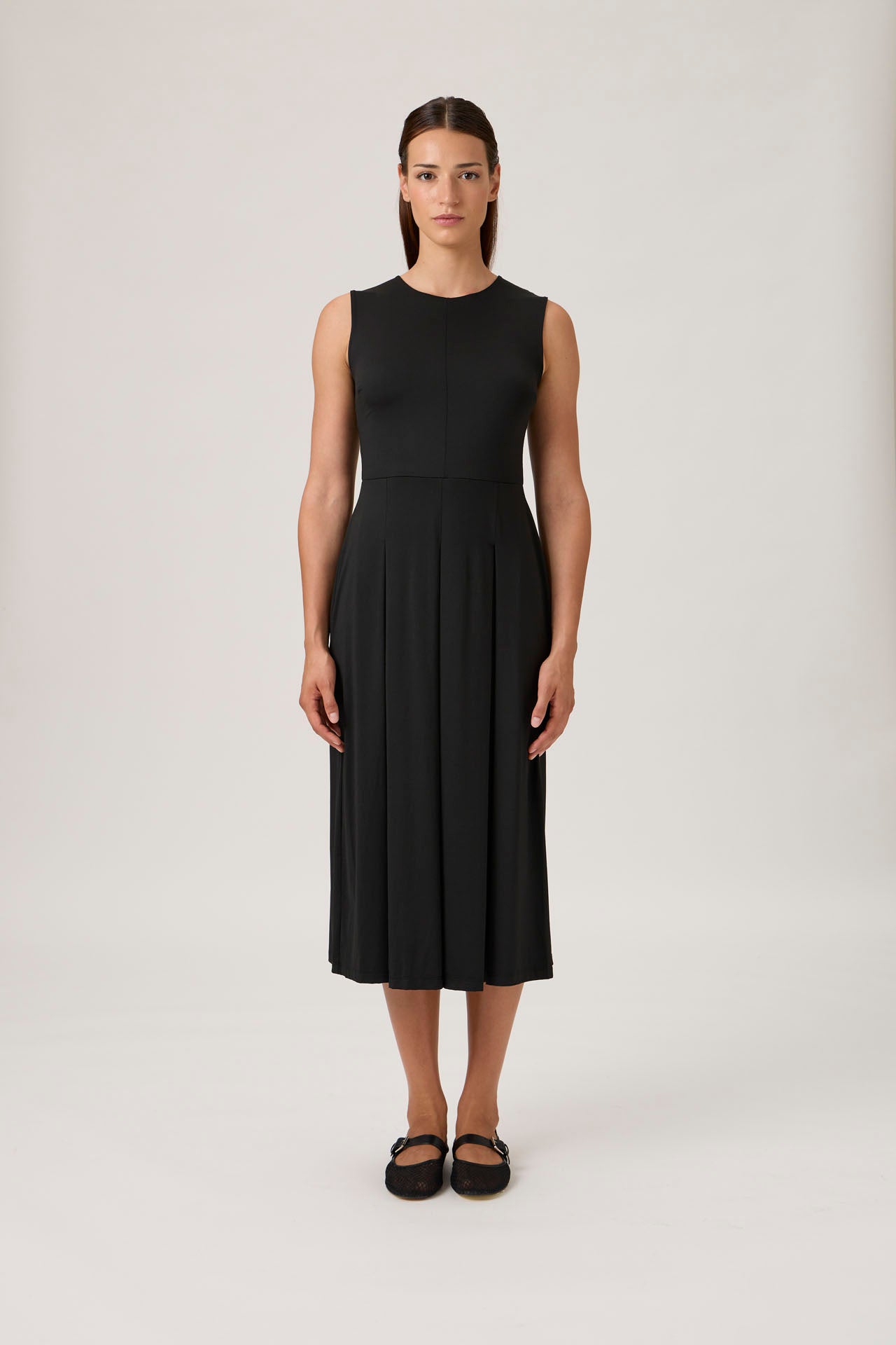 Midi Pleated A-Line Dress - Black