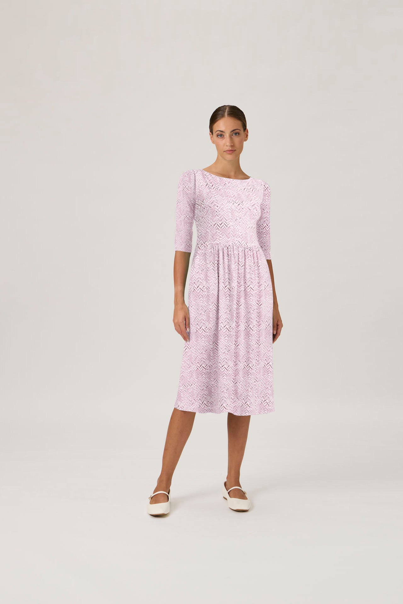 Pleated Boatneck Dress - Print Rosa