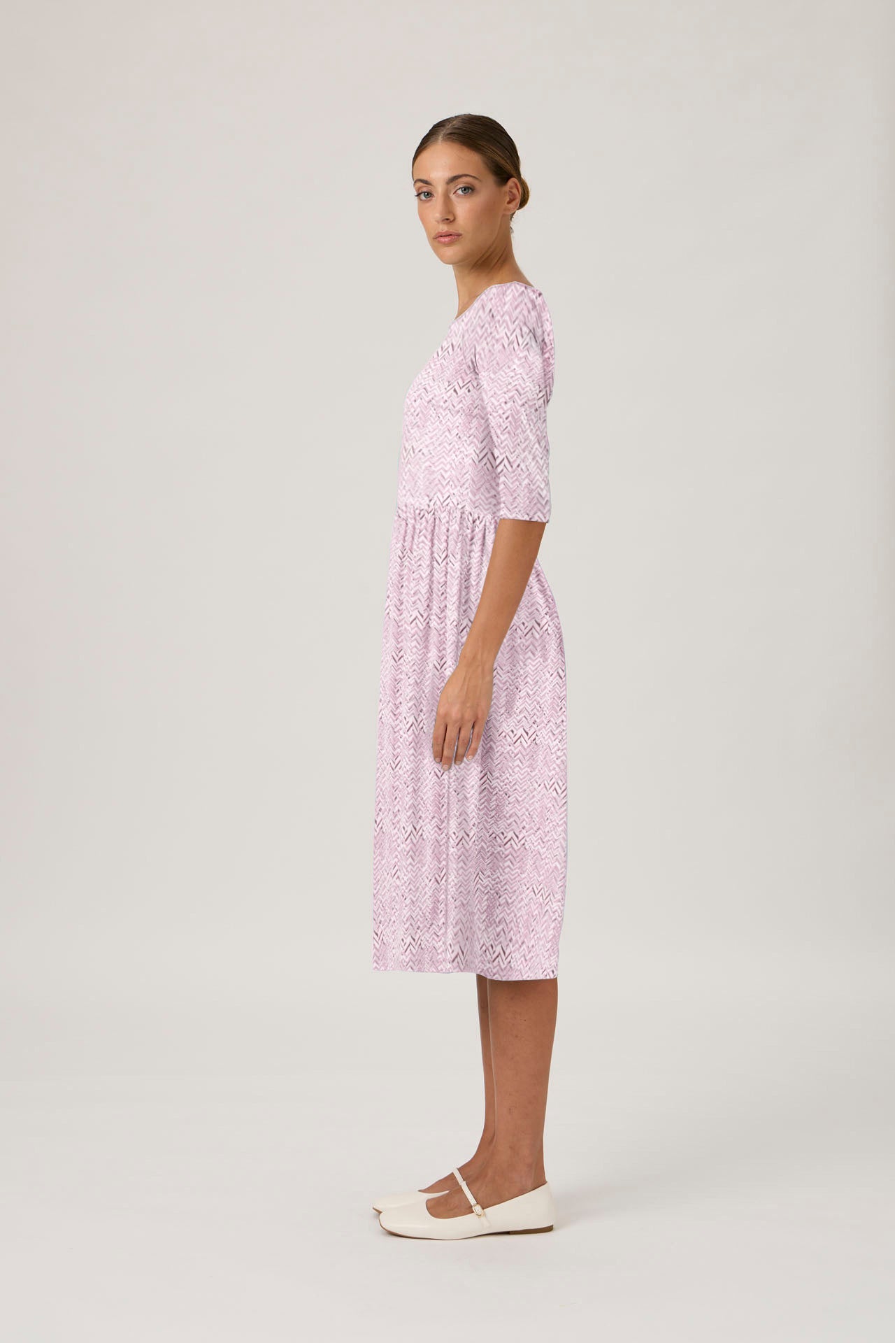 Pleated Boatneck Dress - Print Rosa