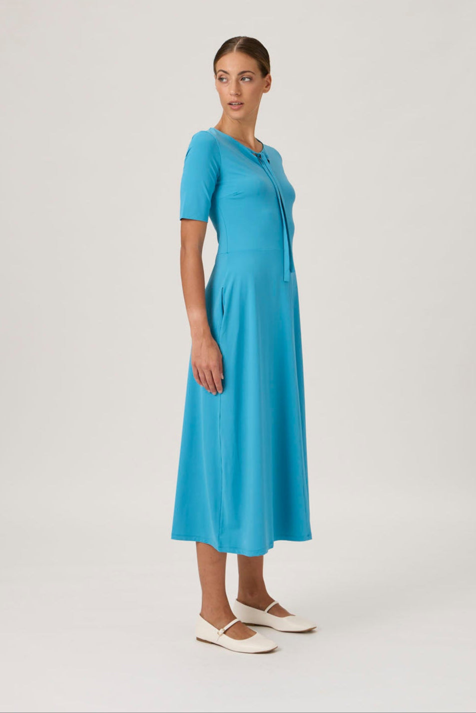 Tie-Neck Flared Midi Dress - 9499 Dark Turquoise