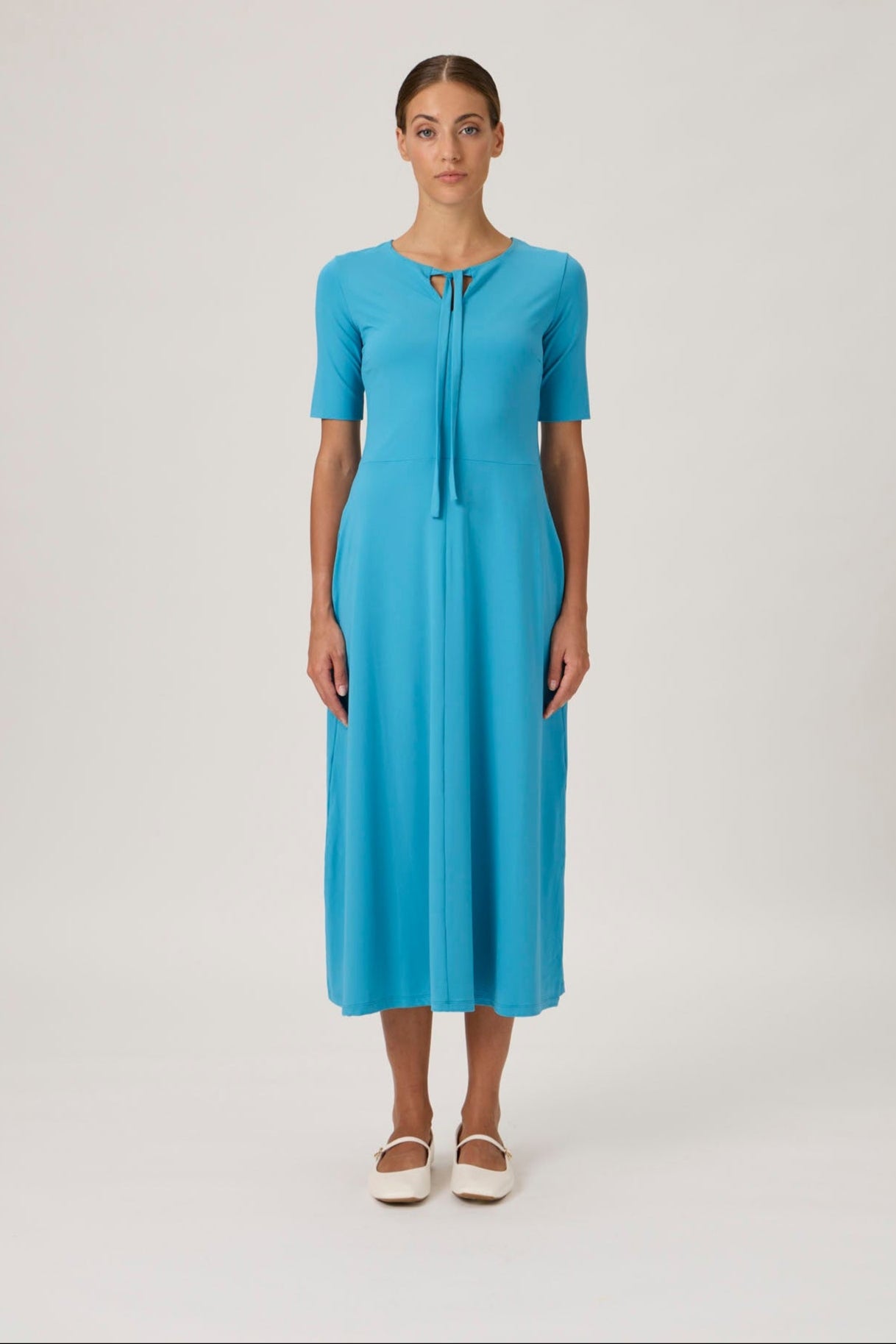 Tie-Neck Flared Midi Dress - 9499 Dark Turquoise