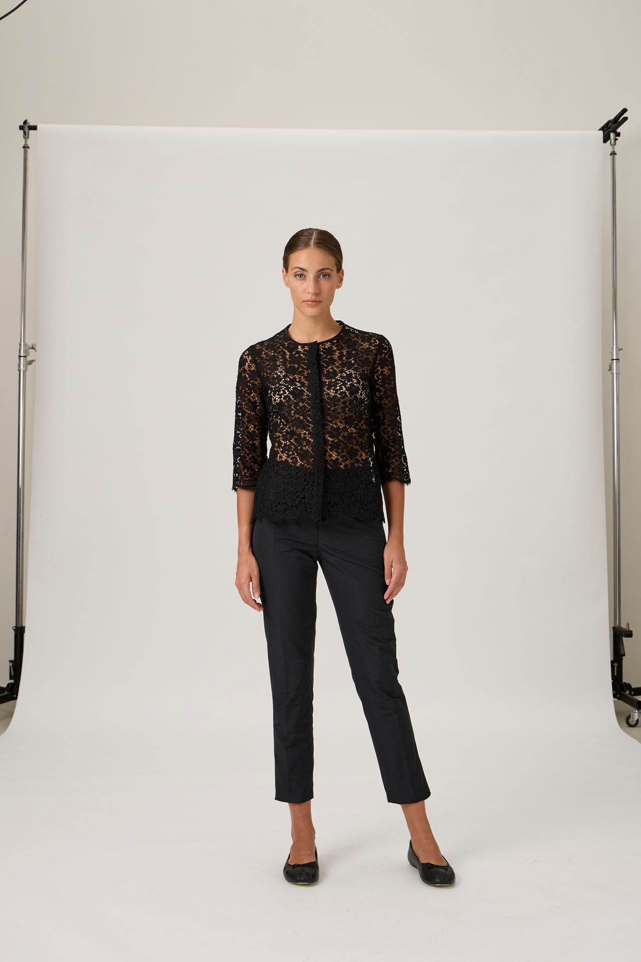 Black Lace Button-Up Blouse - Black