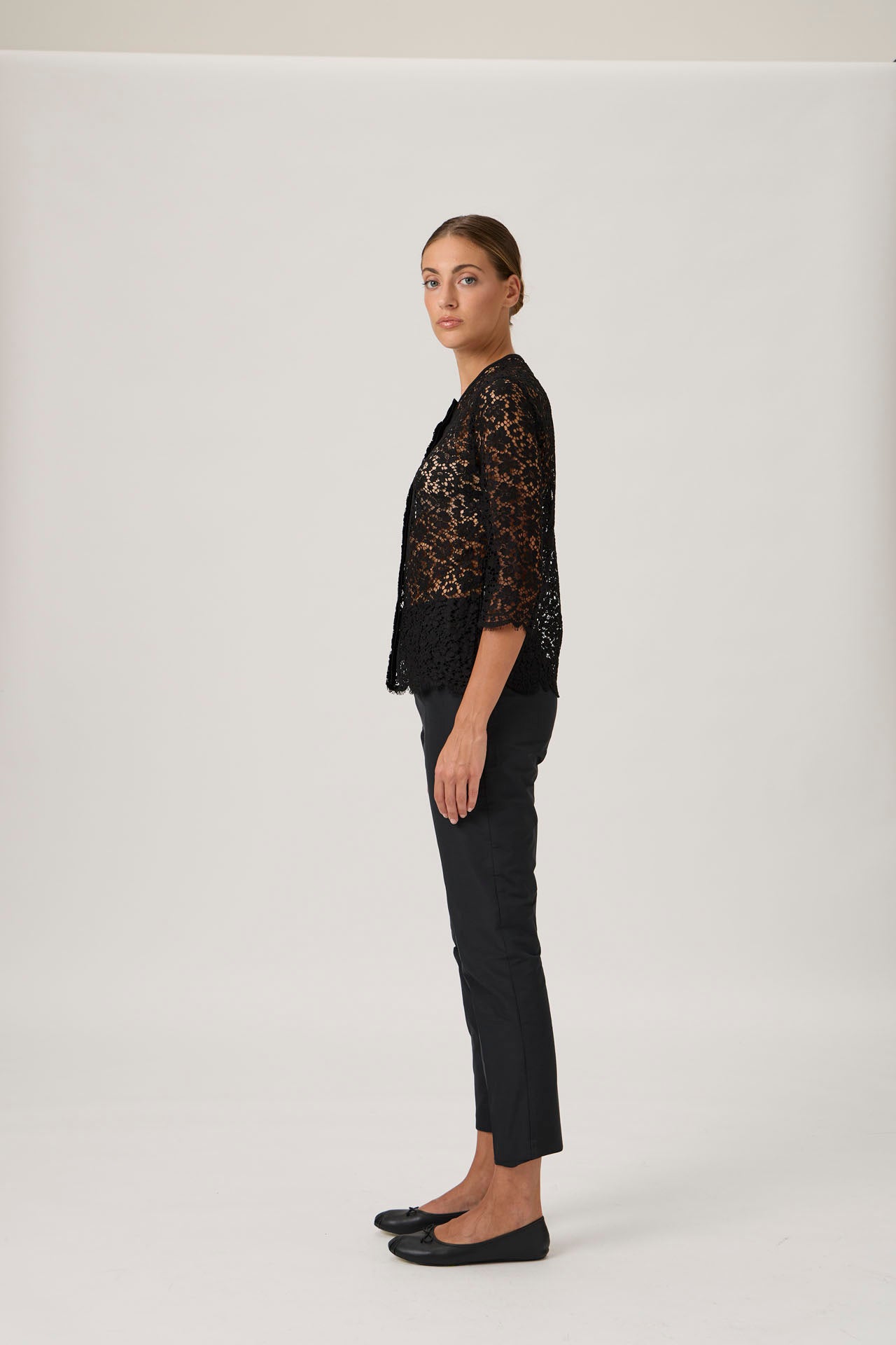 Black Lace Button-Up Blouse - Black