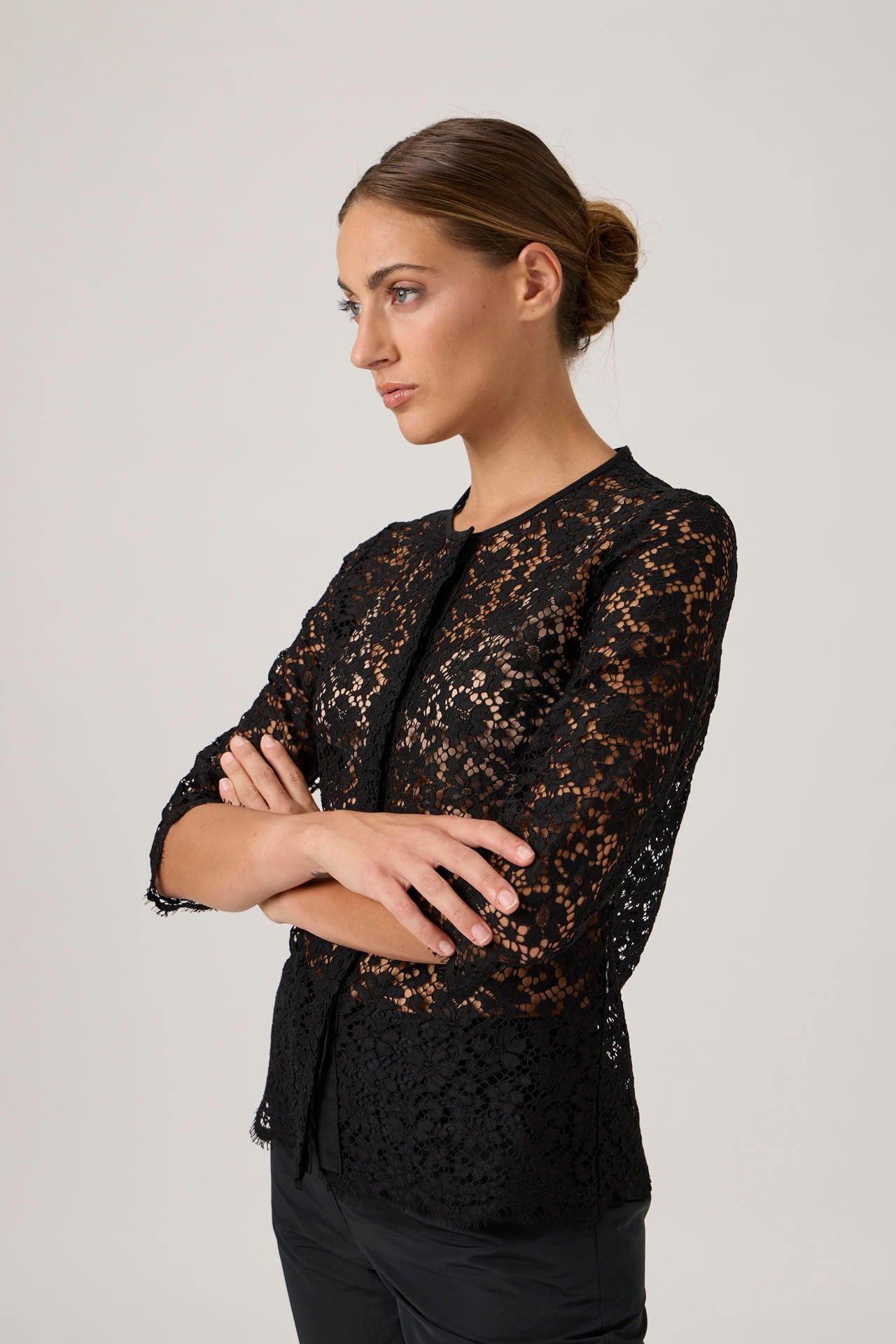 Black Lace Button-Up Blouse - Black