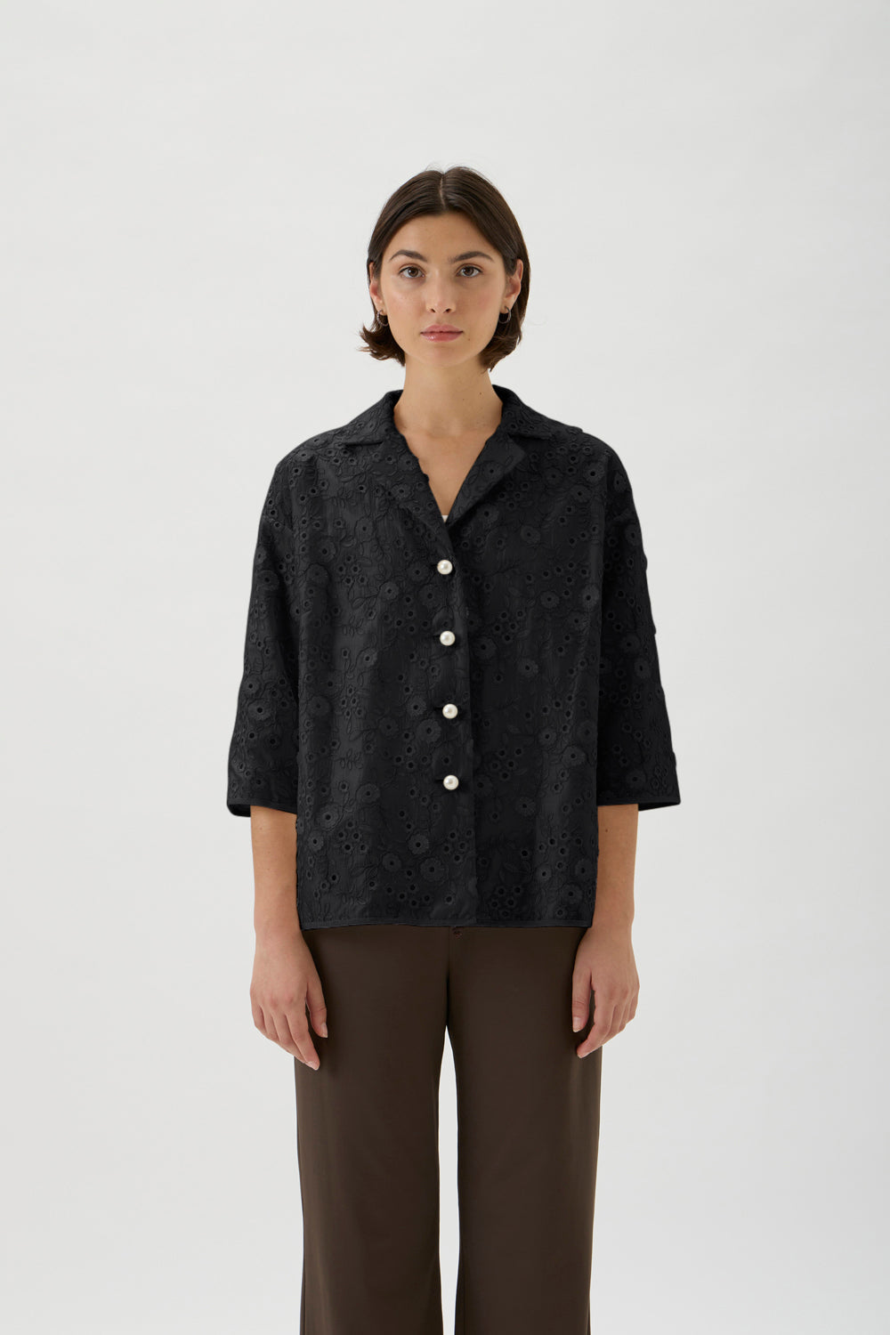 Embroidered 3/4 Sleeve Shirt – 2245 Ricamo 2245 Black