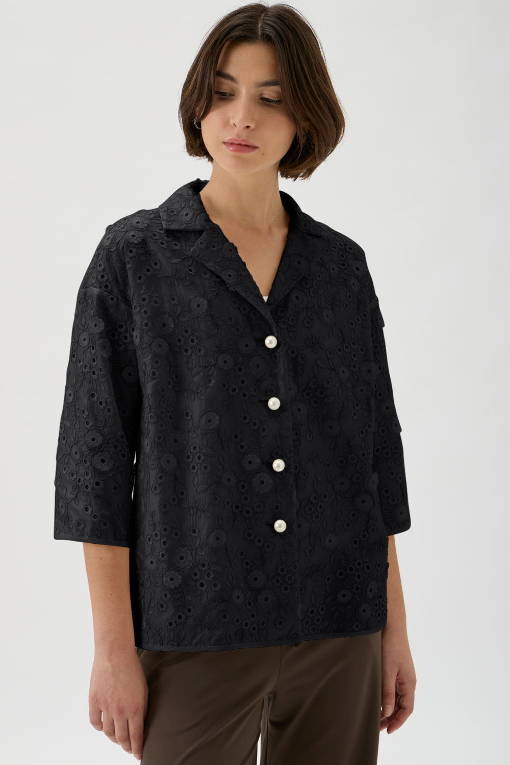Embroidered 3/4 Sleeve Shirt – 2245 Ricamo 2245 Black