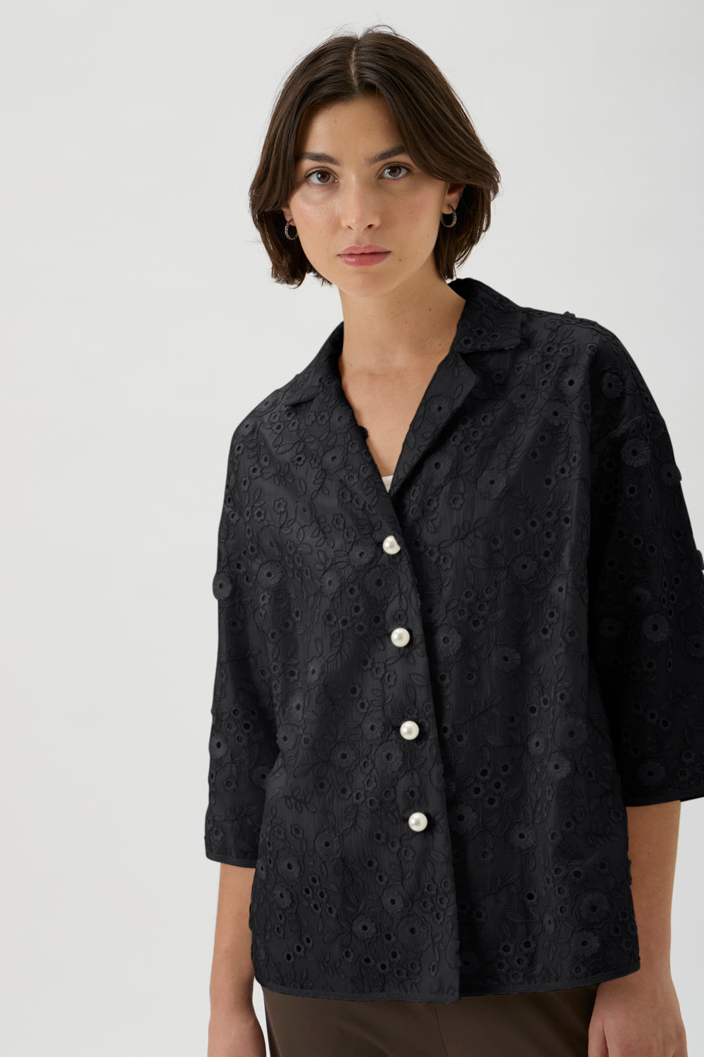 Embroidered 3/4 Sleeve Shirt – 2245 Ricamo 2245 Black