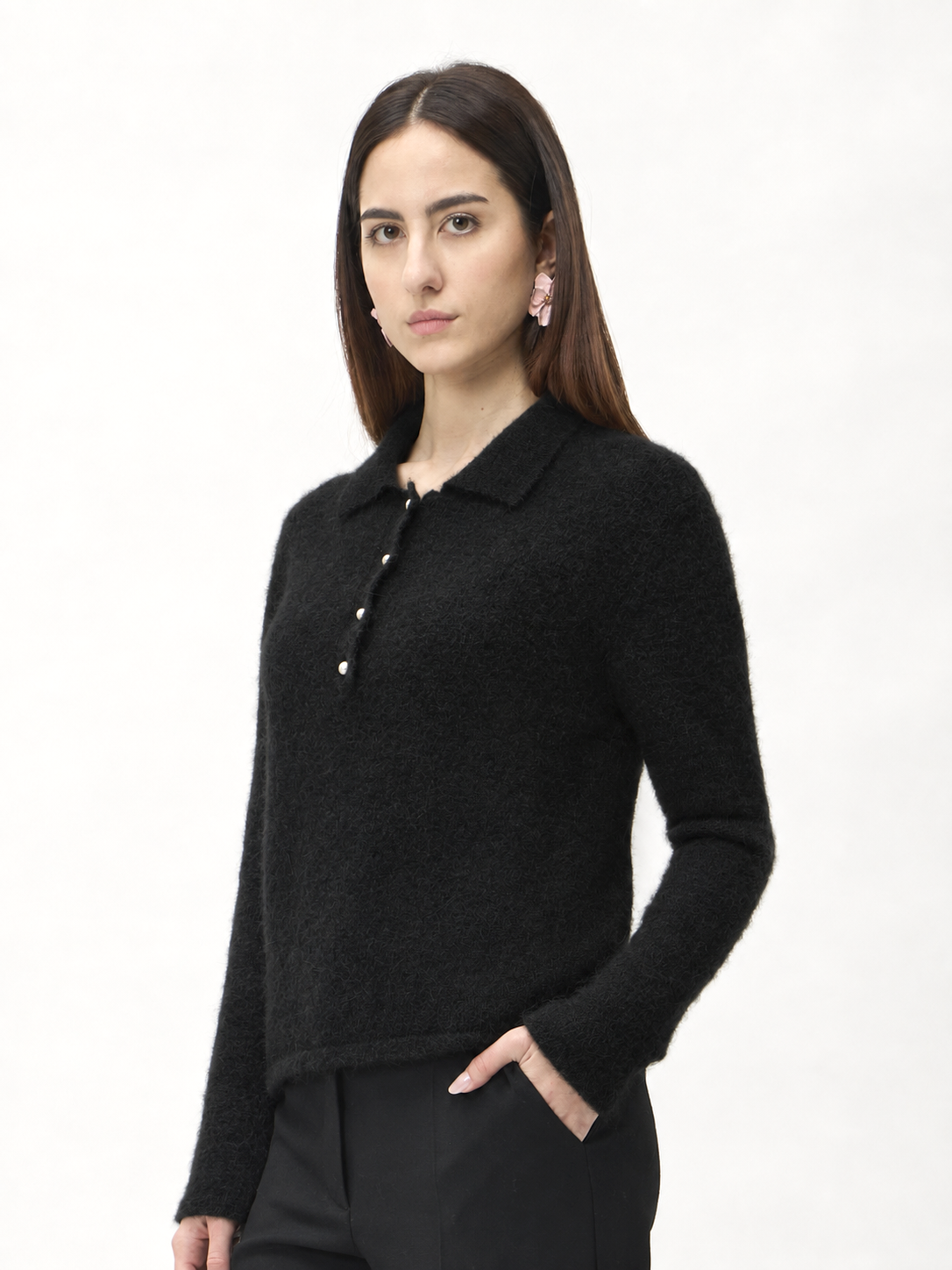 Soft Alpaca Polo Sweater – 7074 Black | ELISE GUG