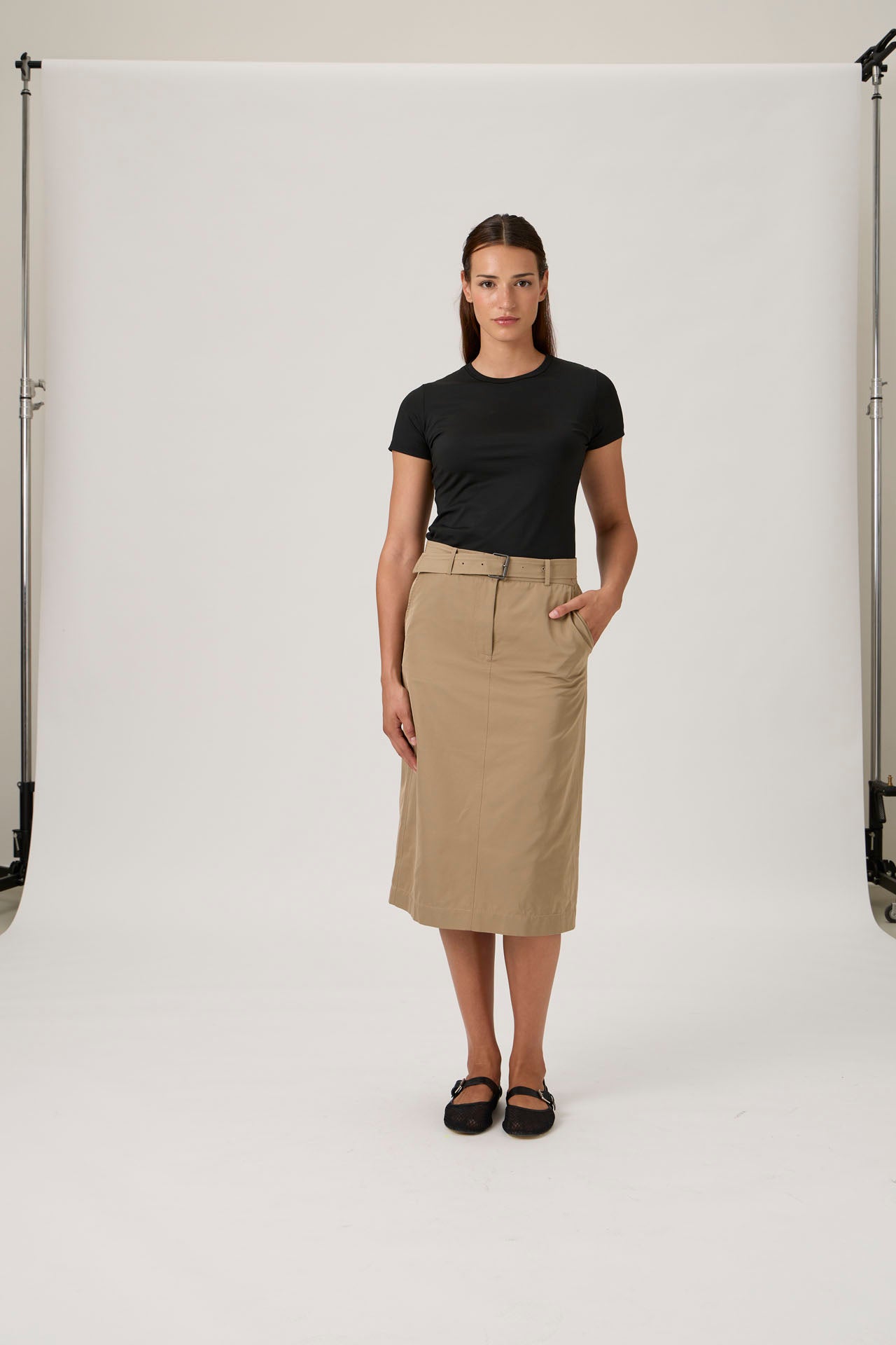 High-Waist A-Line Midi Skirt with Belt - Beige