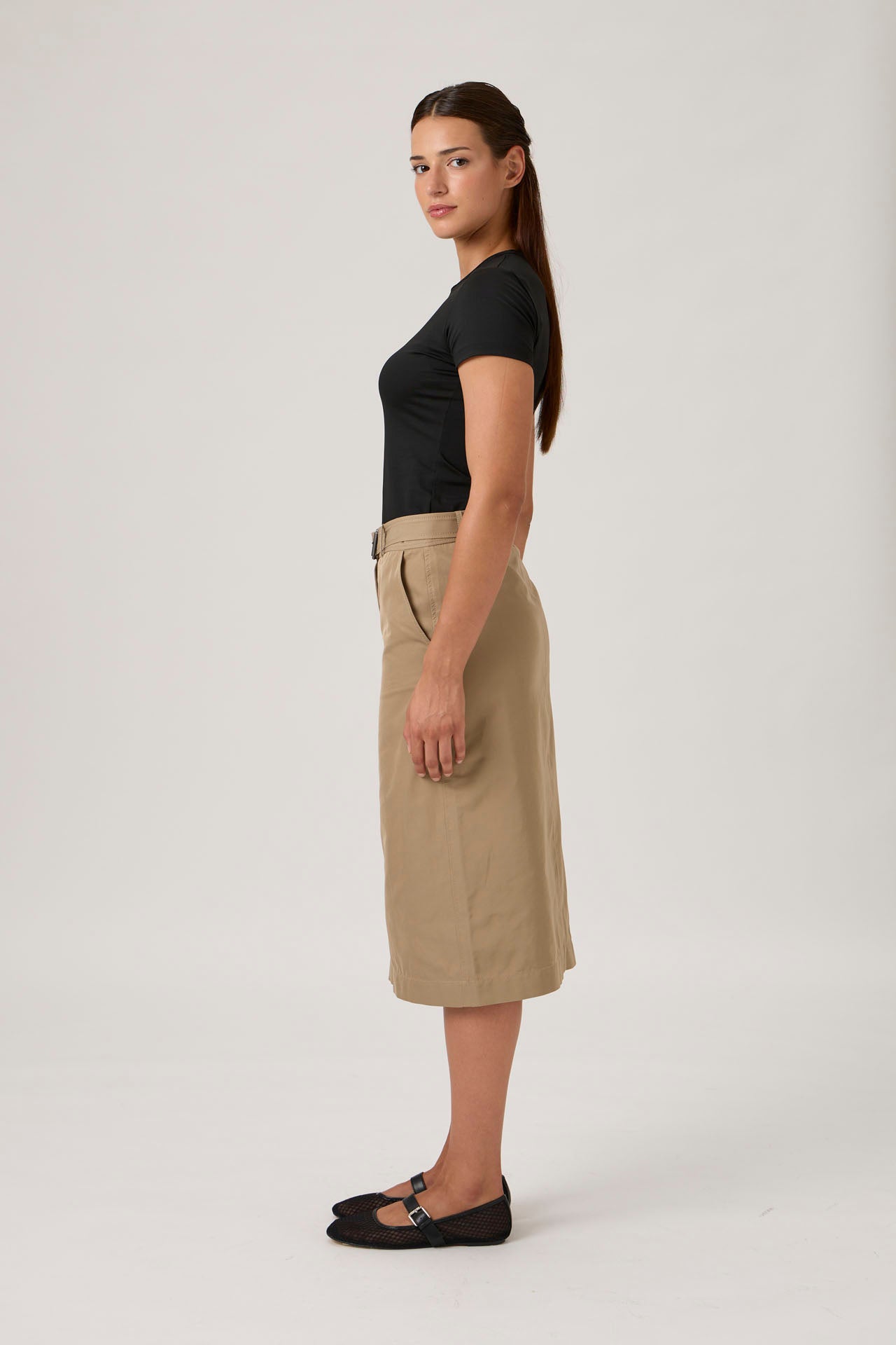 High-Waist A-Line Midi Skirt with Belt - Beige