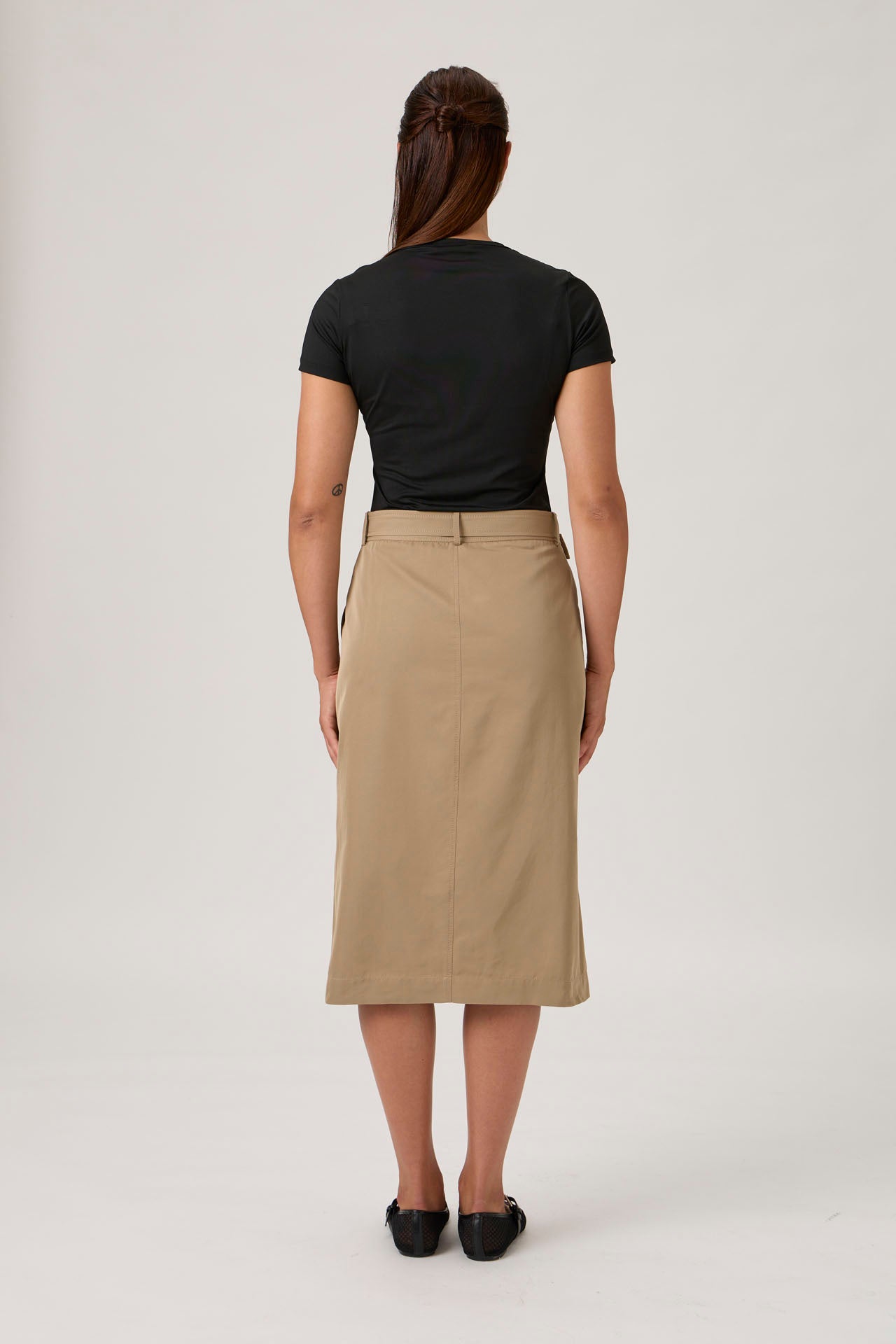 High-Waist A-Line Midi Skirt with Belt - Beige