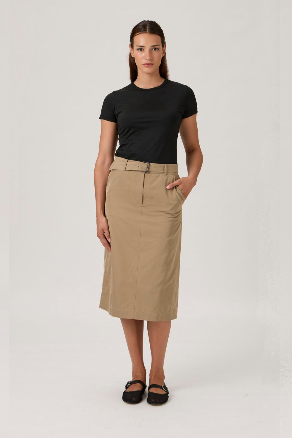High-Waist A-Line Midi Skirt with Belt - Beige