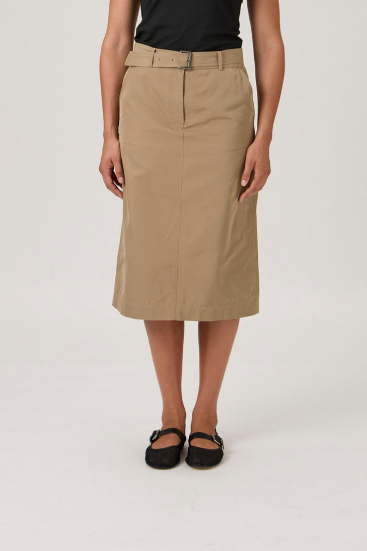 High-Waist A-Line Midi Skirt with Belt - Beige