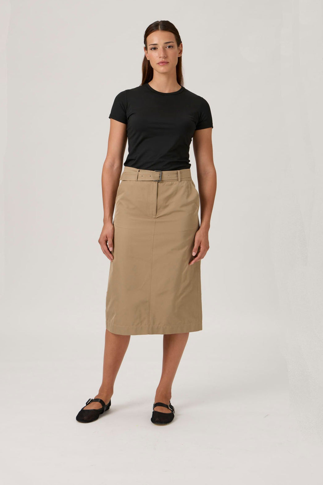 High-Waist A-Line Midi Skirt with Belt - Beige