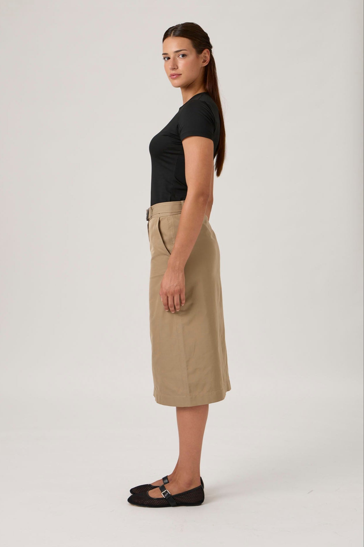 High-Waist A-Line Midi Skirt with Belt - Beige