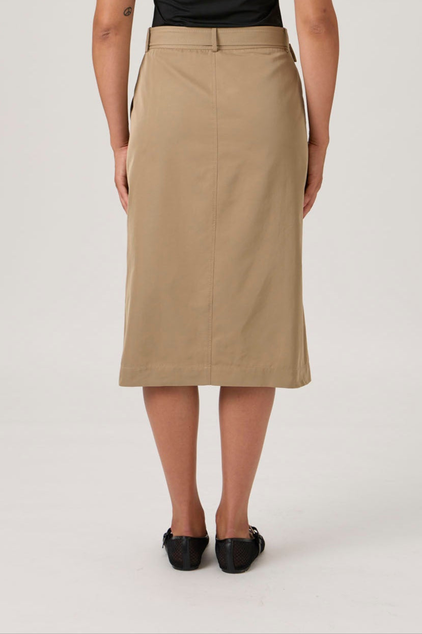 High-Waist A-Line Midi Skirt with Belt - Beige