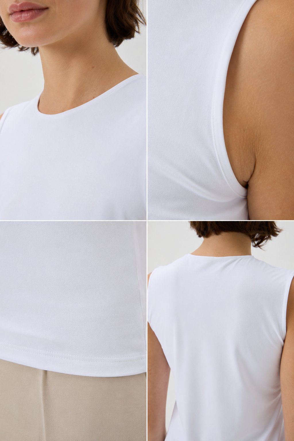 Tailored White sleeveless Nilo top styled with relaxed elegance.