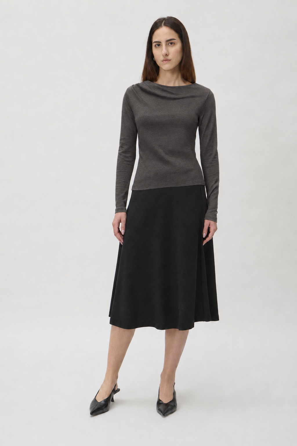 Blouse with Shoulder Pleats in Darfo 1201 Caffe – full length front view styled with black midi skirt – ELISE GUG