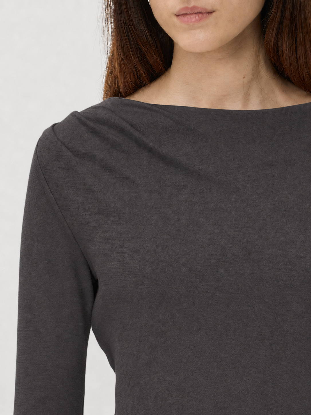 Blouse with Shoulder Pleats in Darfo 1201 Caffe – shoulder pleat and neckline detail – ELISE GUG