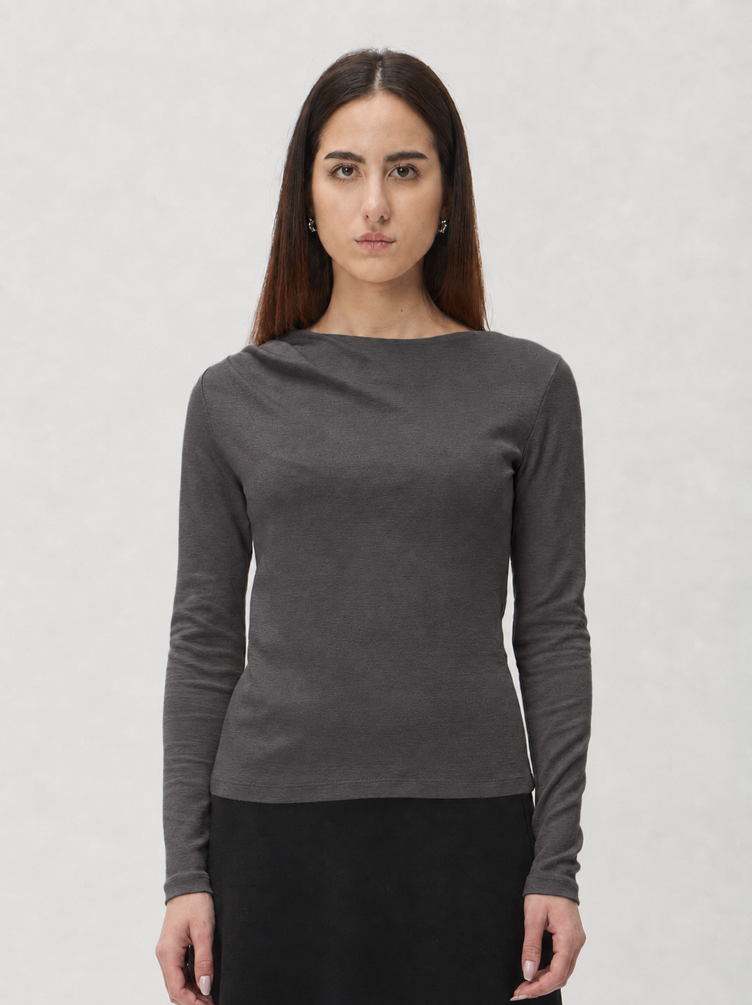 Blouse with Shoulder Pleats in Darfo 1201 Caffe – front view – ELISE GUG
