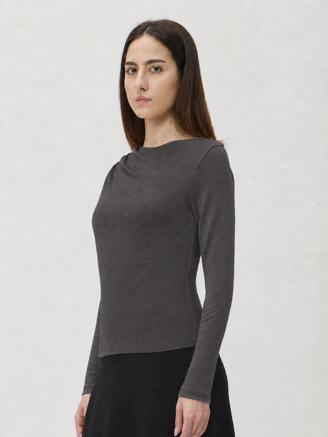 Blouse with Shoulder Pleats in Darfo 1201 Caffe – three-quarter side view – ELISE GUG